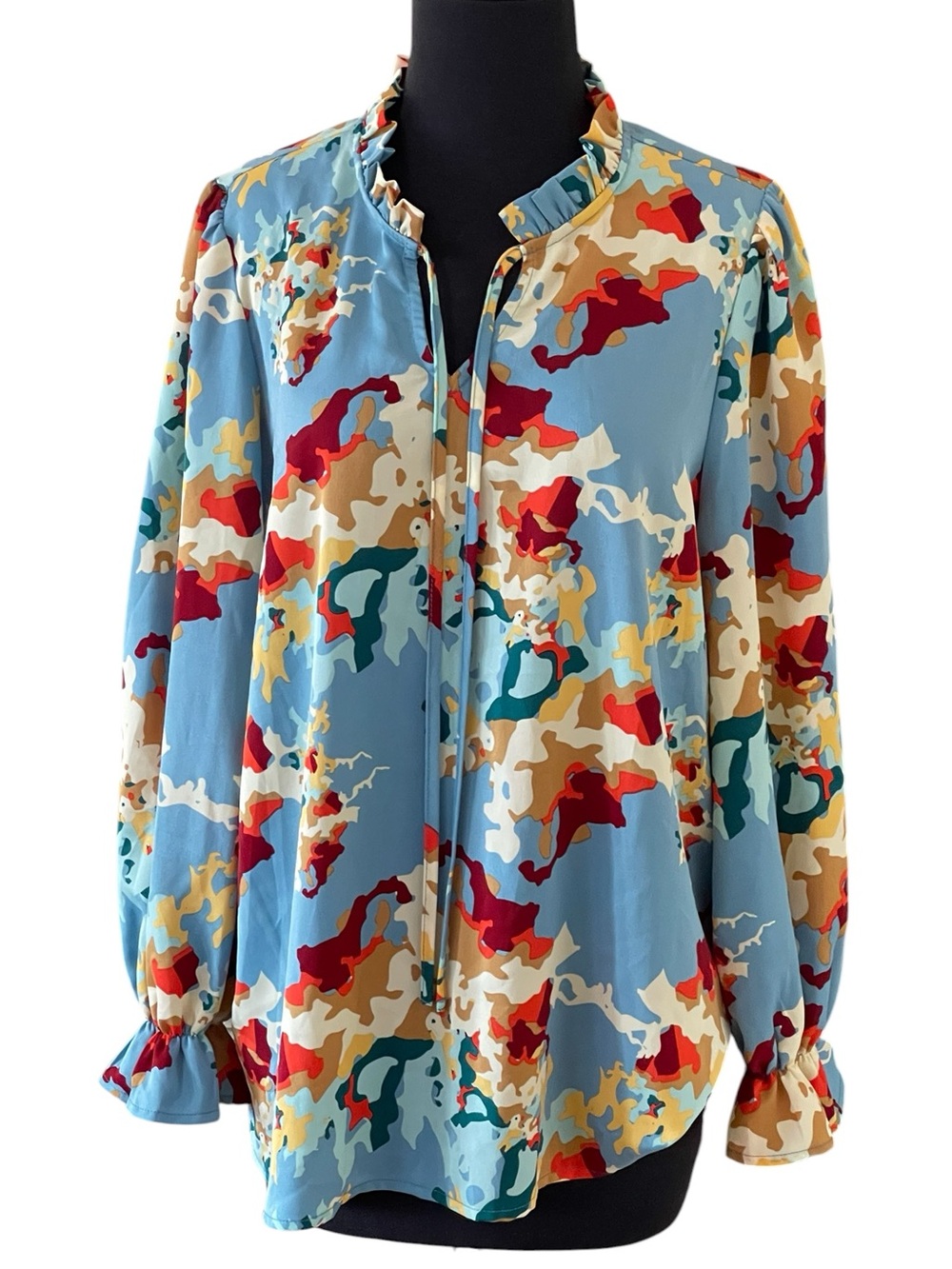 Jodifl Mandy Blue Abstract Print Blouse Top Sz M Long-Sleeve Ruffle Collar Tie